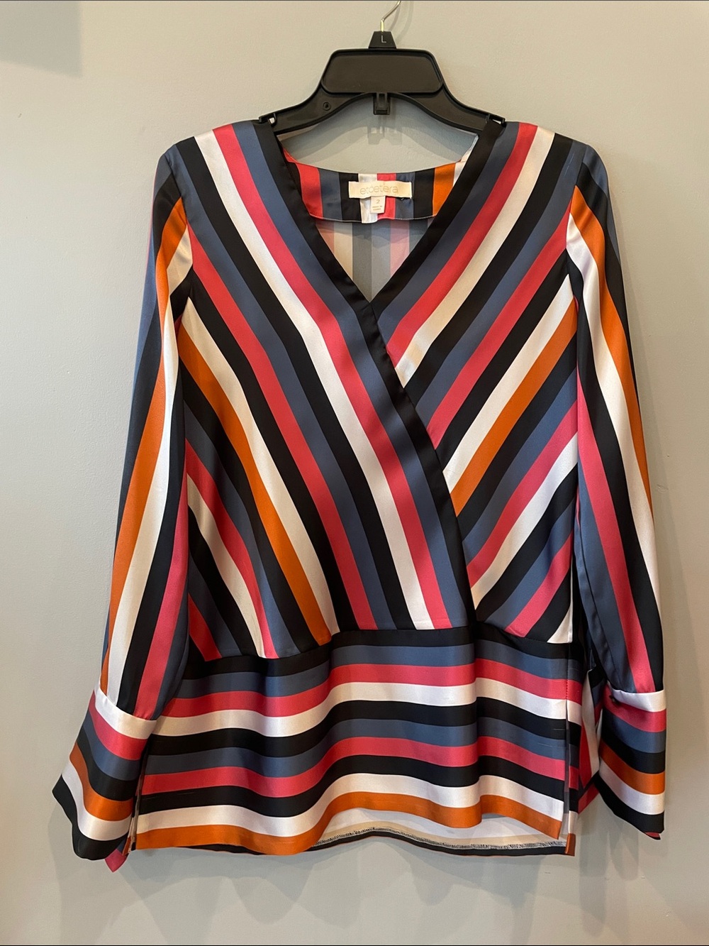 Etcetera Multi-Striped Surplice Blouse in Navy, black , Coral, White